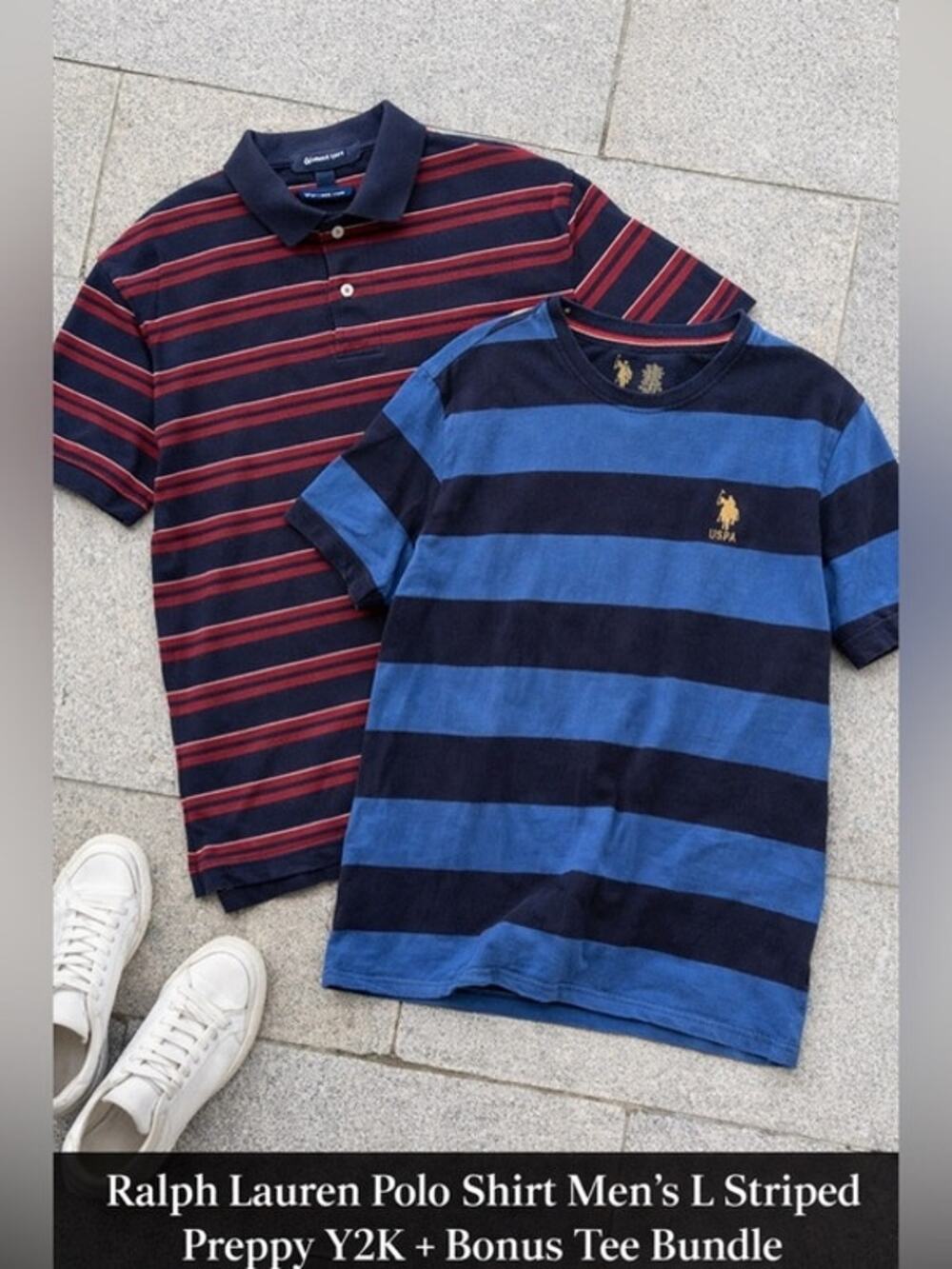 Ralph Lauren Polo Shirt Men’s L Striped Preppy Y2K + Bonus Tee Bundle